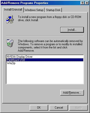 Chapter 4 Installing Software for 5000 Boards Uninstall the PenMount Windows 98 USB driver 1. Exit the PenMount monitor (PM) in the menu bar. 2. In the Device Manager select Human Device.