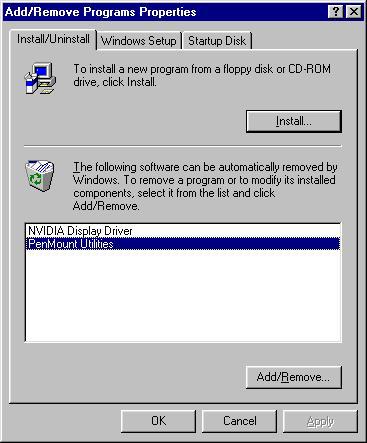 Chapter 3 Installing Software for 9000 Boards Uninstall the PenMount Windows 95 driver 1. Exit the PenMount monitor (PM) in the menu bar. 2.