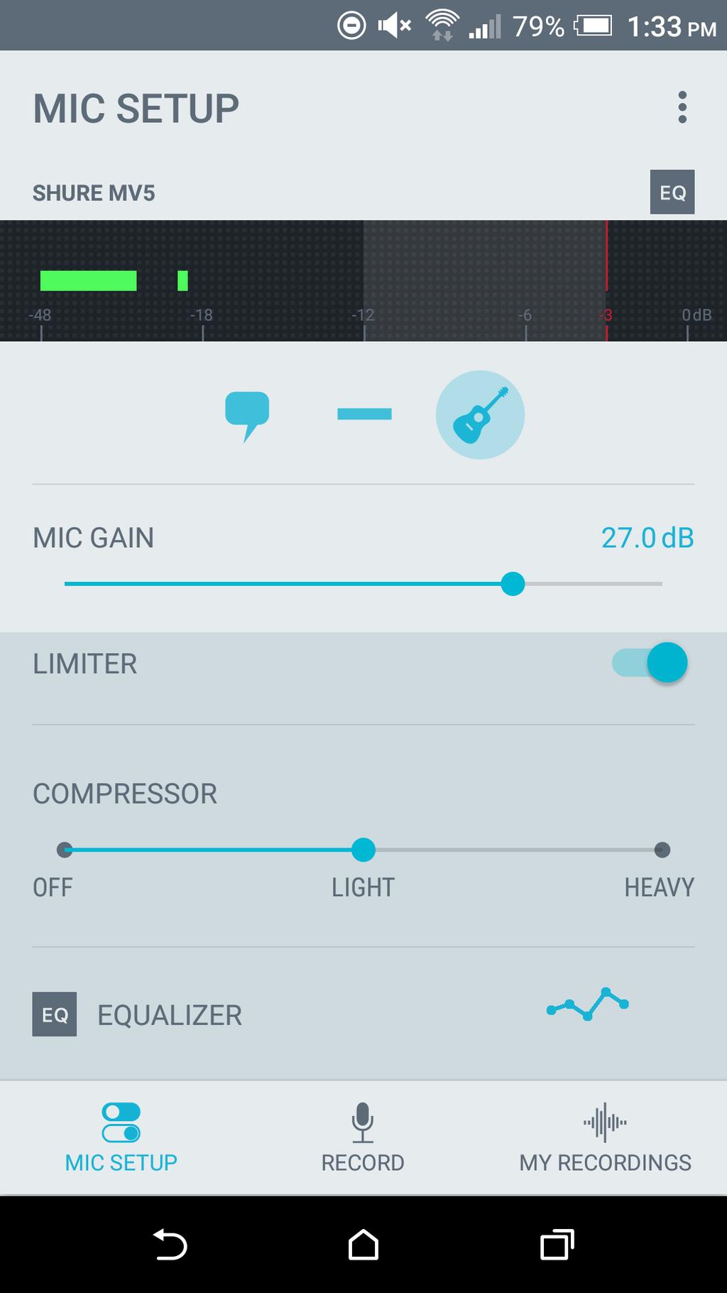Motiv Android The ShurePlus MOTIV App for Android General Description The ShurePlus MOTIV recording app controls microphone settings and provides instant recording.