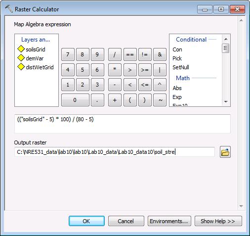 To avoid errors, use the raster calculator keyboard Introduce the following expression to stretch soilsgrid: (("soilsgrid" - 5) * 100) / (80-5) Call the output field soil_stre (Output raster field).