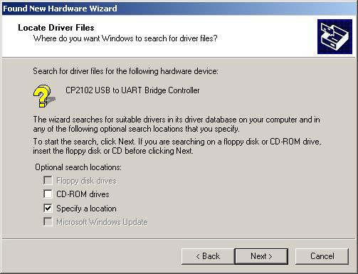 [11] The locate driver files window will open. Select Specify a location. Click Next >. Fig. 1.