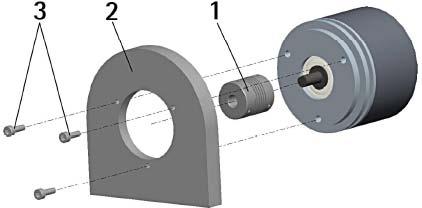 IP58/IP58S Series Mount the flexible coupling 1 on the encoder shaft Fix the encoder to the flange 2 (or to