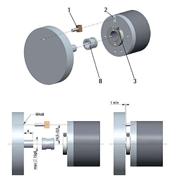 CKP58 Series Fasten the anti-rotation pin 1 to the rear of the motor (secure it using a locknut); Mount the encoder on the motor shaft using the reducing sleeve 8 (if supplied).