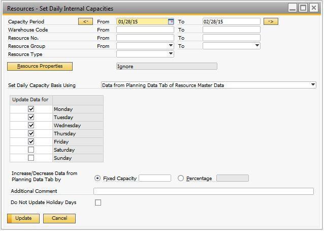 4. In the Set Daily Capacity Basis Using field, select one of the following options: Depending on this selection, different fields in the window are enabled.