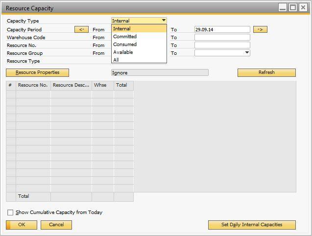 2. From the dropdown list in the Capacity Type field, select the desired option: Internal - If you select this, you can also update the capacity data as described in Setting Daily Internal Resource