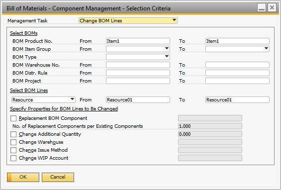 Procedure 1. From the SAP Business One Main Menu, choose Production Bill of Materials - Component Management. The Bill of Materials - Component Management window appears. 2.