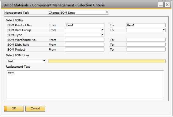 In the Select BOM Lines section, select one of the following: Item - In the From and To fields, define the range of the item components in the selected BOMs you want to change or replace.