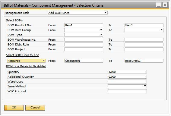 Procedure 1. From the SAP Business One Main Menu, choose Production Bill of Materials - Component Management. The Bill of Materials - Component Management window appears. 2.