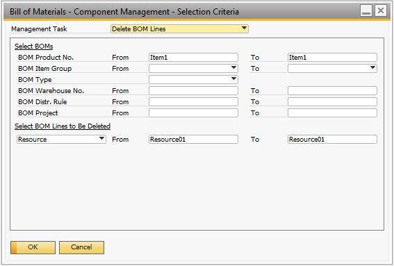 6.2.3 Deleting BOM Components Procedure 1. From the SAP Business One Main Menu, choose Production Component Management Bill of Materials - Component Management.