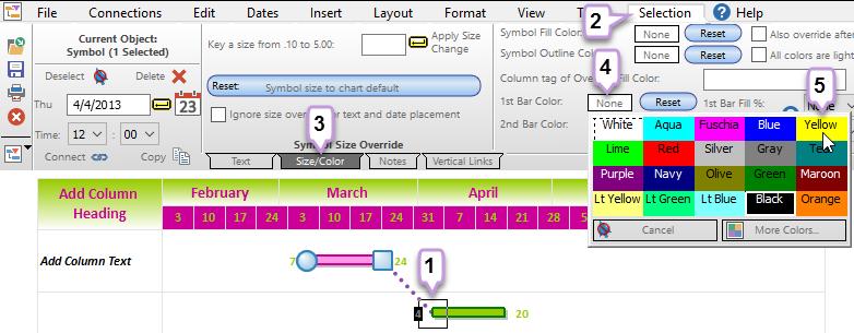 Select the Size/Color tab to change the symbols color, size, vertical position on the task row 5. Select the Notes tab to add notes to the symbol and change the characteristics of the note. 6.