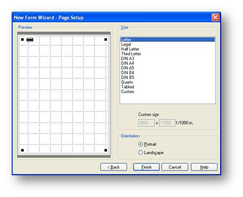 4. A page set up window appears. This window displays the different sizes of paper that can be selected for the form as well as the page orientation.