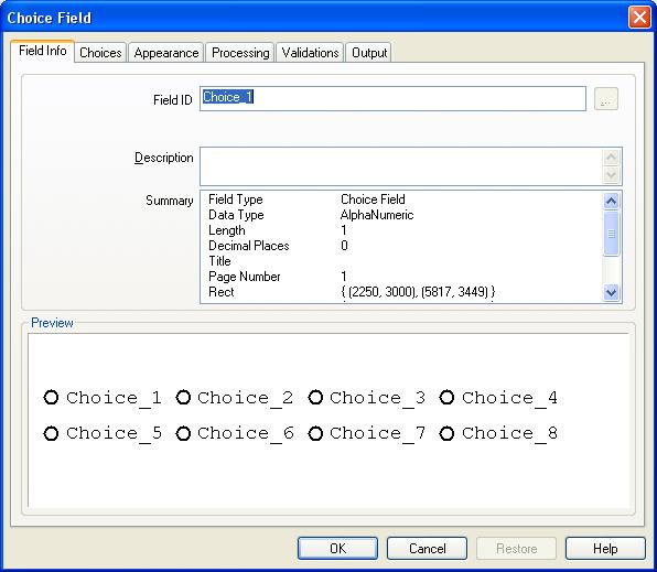 22. Under Field Info tab, type a name in the Field ID box. 23. Select the Choice tab to change the display names and values of the data that will be displayed and exported. 24.