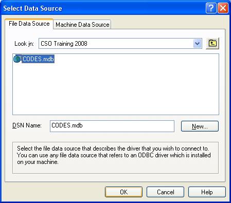 7. Click OK in the ODBC Setup Window. 8. In the Select Data Source Window, the database name will appear.