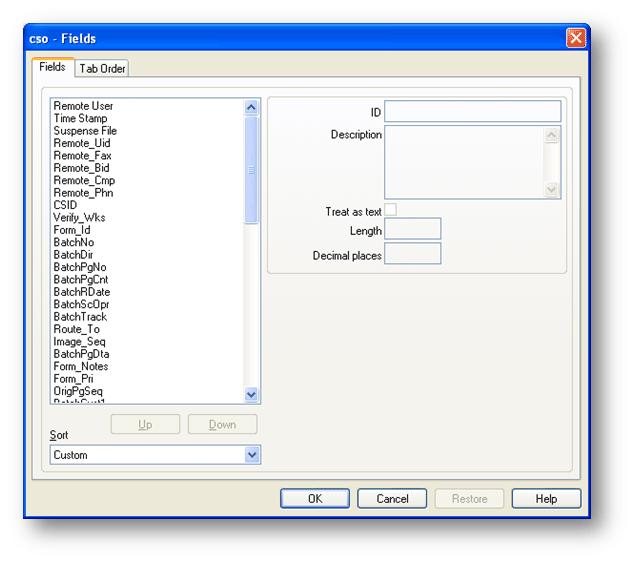 The Fields tab controls the Field Order for the template. The Field Order sets the default field export order for the template. It is based on the order in which fields are added to a template.