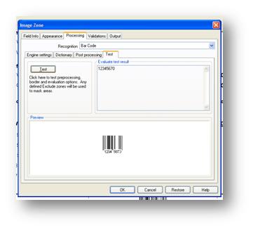 10. Click the Processing tab and then the Test tab. This Test window allows you to test the barcode you set up to ensure that the barcode was set up properly.