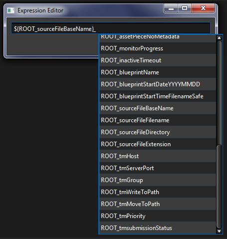 The available expressions will be shown as a list when you enter a "$" in the expression field. Expressions which start with "ROOT" will derive the value from the root of the blueprint.