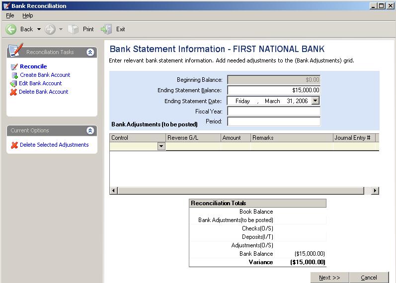 3. Click Next. 4. In the Ending Statement Balance box, enter the ending balance shown on your statement. Press Enter.