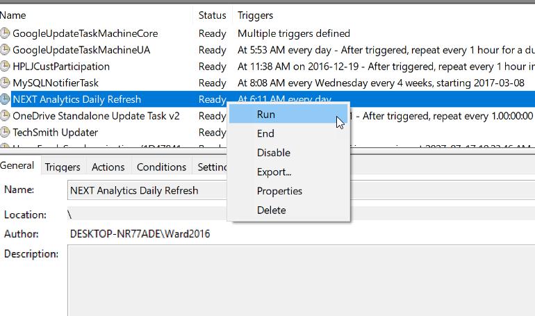 You will now have a Windows Task Scheduler Entry for nxacmd2017. YOU JUST CREATED AN TASK. TEST THAT IT CAN EXECUTE. Do you want to try refreshing your Excel Spreadsheets?