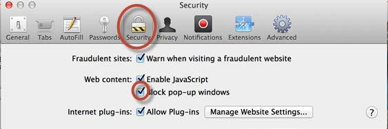 Turning Off Pop-Up Blockers in Safari on Mac Click on Safari Click Preferences Click Security Uncheck