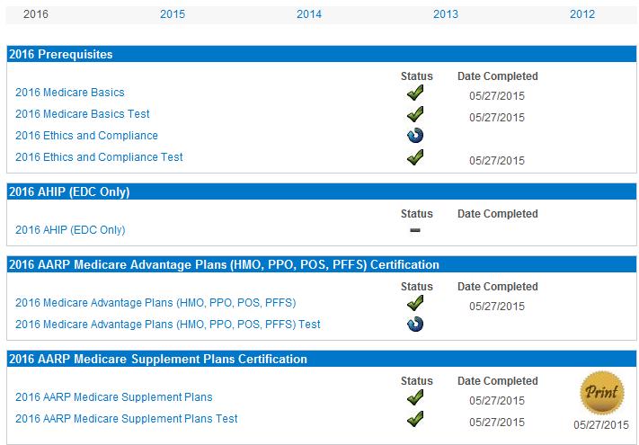 view your modules and certifications by year. Each topic has two items listed: module and test. Review the module (optional) and then take the test (required).