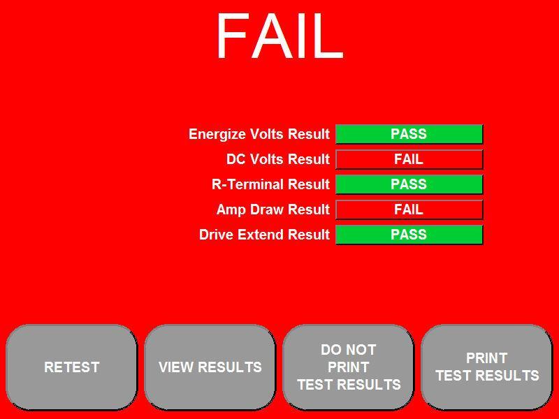 Starter Testing If you have touched the Yes button on the previous screen, the FAIL screen will display. All of the possible test parameters are listed.