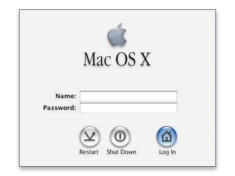Logging in Each time you start up your computer, the login dialog appears. The first time you start up Mac OS X, log in as the user you created with Setup Assistant.