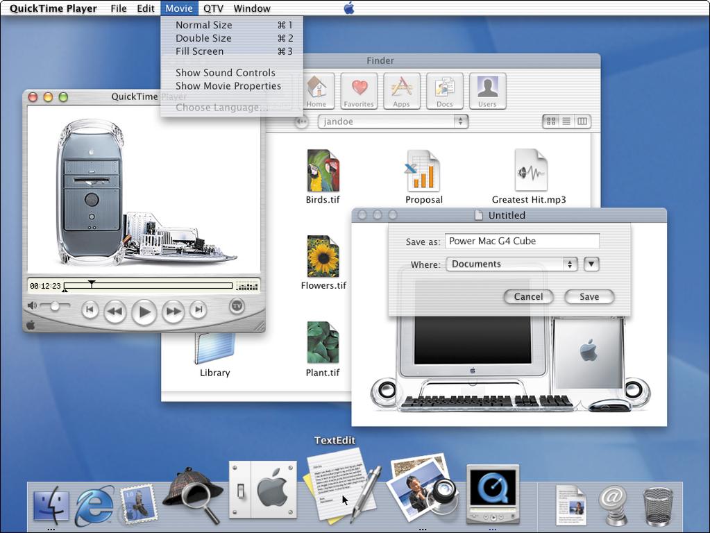 When Mac OS X starts up, you see the Desktop, a Finder window, and the Dock at the bottom of the screen.
