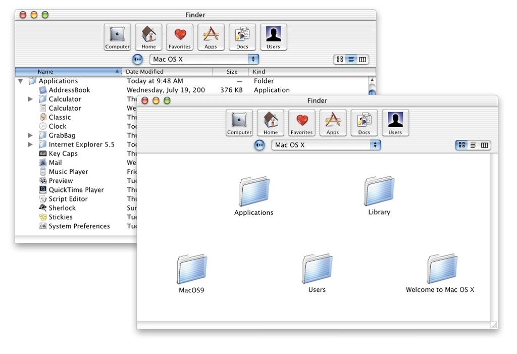 Finder views You can view Finder windows in icon, list, or column view. In list or icon view, double-click a folder to see its contents in the same window.