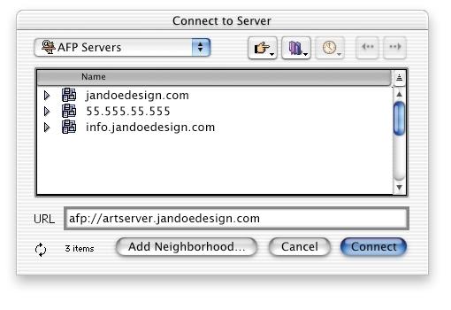 Accessing network servers When you choose Connect to Server from the Go menu (in the Desktop), this dialog appears. Choose the type of server here.