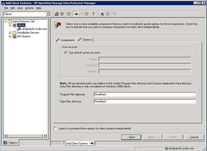 Figure 13: Specify options for the client installation Options display two target directories: Program Files: Contains all the Data Protector program files.