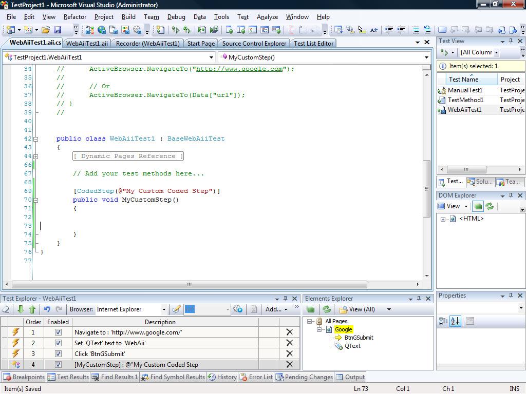 Creating a Test With Custom Code Steps 1) Create a test and add a code behind file using method A as outlined above.