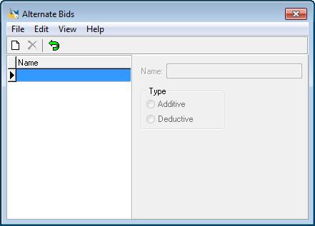 Add/Edit/Delete This topic covers adding and deleting Alternate Bids in the AutoBid SheetMetal software. Add Alternative Bid 1. Click on the toolbar. The New Alternate Scope window opens. 2.