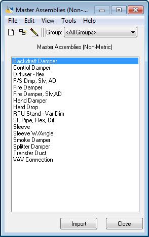 3. In the Master Assembly Library window: a. Select the Assembly Group from the list. This filters the assembly list by the selected group.