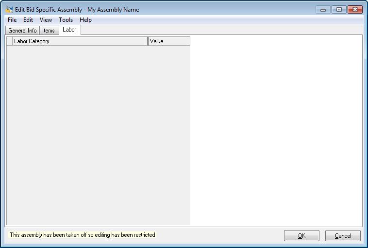 Labor If you selected Assembly has labor on the General Info 172 tab, you must complete data on the Labor tab in order to accurately calculate labor on the Assembly.