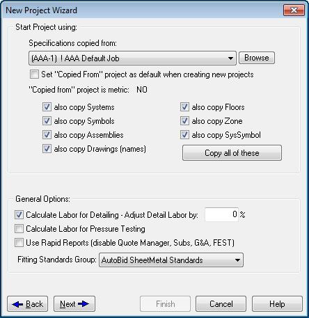 New Project Wizard Screen Two The second New Project Wizard screen allows you to copy specifications and other data from an existing project that might be similar to the one you are creating.