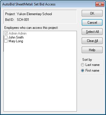 Project Access Default security access settings are created under Company Settings / Employee List in the AutoBid SheetMetal Global Data Administrator; however, you can assign access rights to