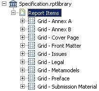 Designing a specification document template using BIRT Create report library with a separate page (Grid) for each component This way each component can be