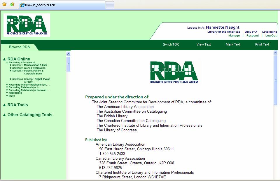 Browse RDA: Click through Active Table of Contents to Access Related Instructions The Browse Tree will expand,