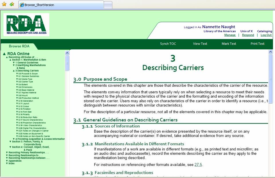 Browse RDA: Click through Active Table of Contents to Access Related Instructions The Browse Tree will continue to expand