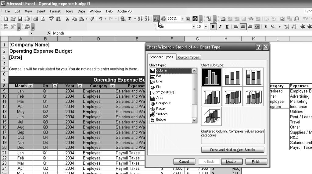 Electronic Spreadsheets 145 Exhibit 6.21 Excel 2007 Formulas tab. Exhibit 6.22 Choosing a graph template in Excel 2003.