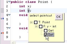 If developers want to specify a pointcut for identifying field accesses or method calls, they can first select the target field or method by mouse clicking on a field or method name in a source file.