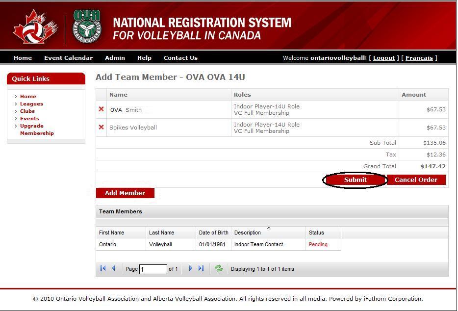 To remove a member prior to paying their registration fee, click the red X located next to their name.