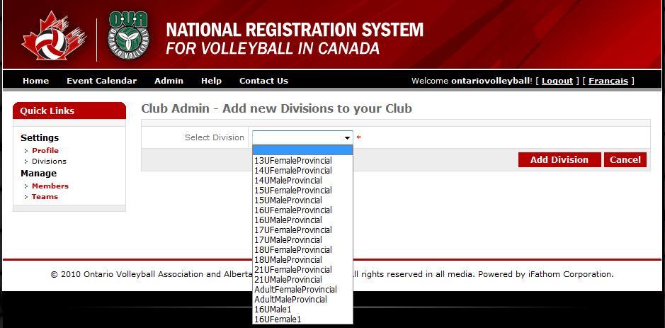 Note: Be sure to add all Divisions to your club before adding teams.