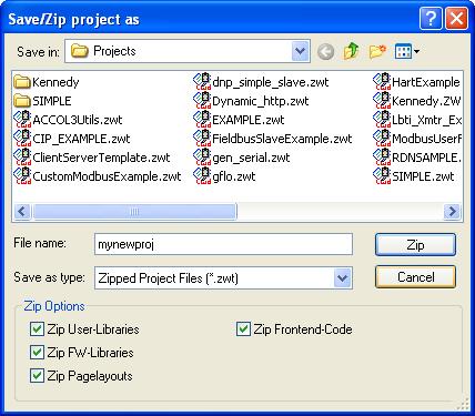 Figure 4-2. Saving a Backup of Your Project 2. In the Save/Zip project as dialog box, specify a project name in the File name field. In Figure 4-2 we chose the name mynewproj. 3.