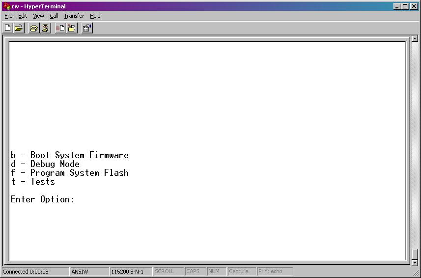 Figure 5-1. HyperTerminal Mode Menu 7. When the FLASH is ready for download, HyperTerminal repeatedly displays the letter C on the screen.