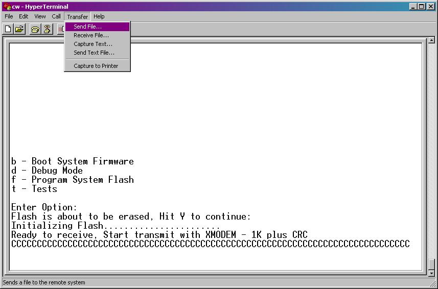 In the Send File dialog box (see Figure 5-3), select 1KXmodem for the protocol, enter the filename of the appropriate.bin file in the format CWExxxxx.