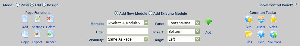 New or existing modules can be added to your portal and displayed where you want them by utilizing the module controls in the Control Panel.