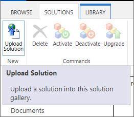 com website. Click on the SOLUTIONS tab if the Upload Solution button is not visible. Then browse to the file CalendarBrowserSP.wsp on your computer.