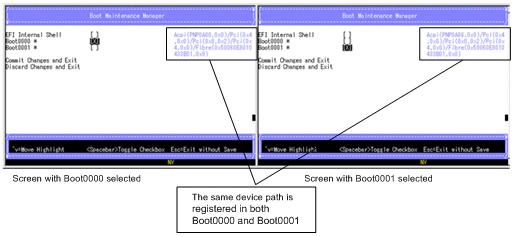 Boot Option Settings When the same device path is registered in different boot options, you may fail to install or boot the OS.