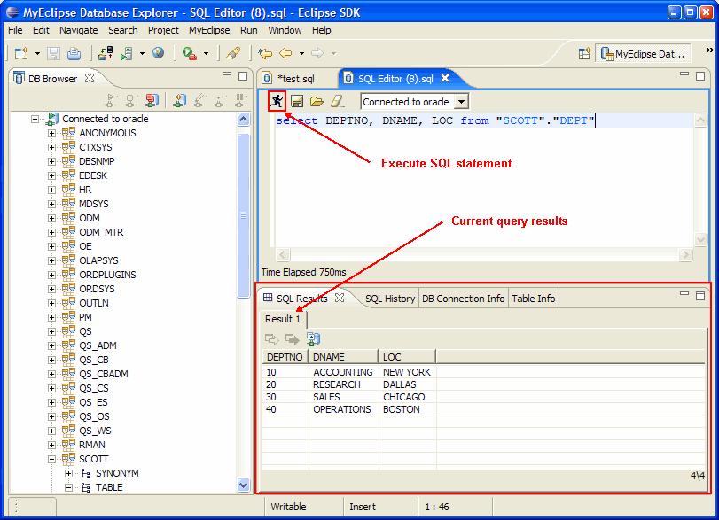 Figure 21d. Completed SQL statement 5. A useful SQL Editor feature is to synchronize the Database Browser view with the context of the SQL Editor.